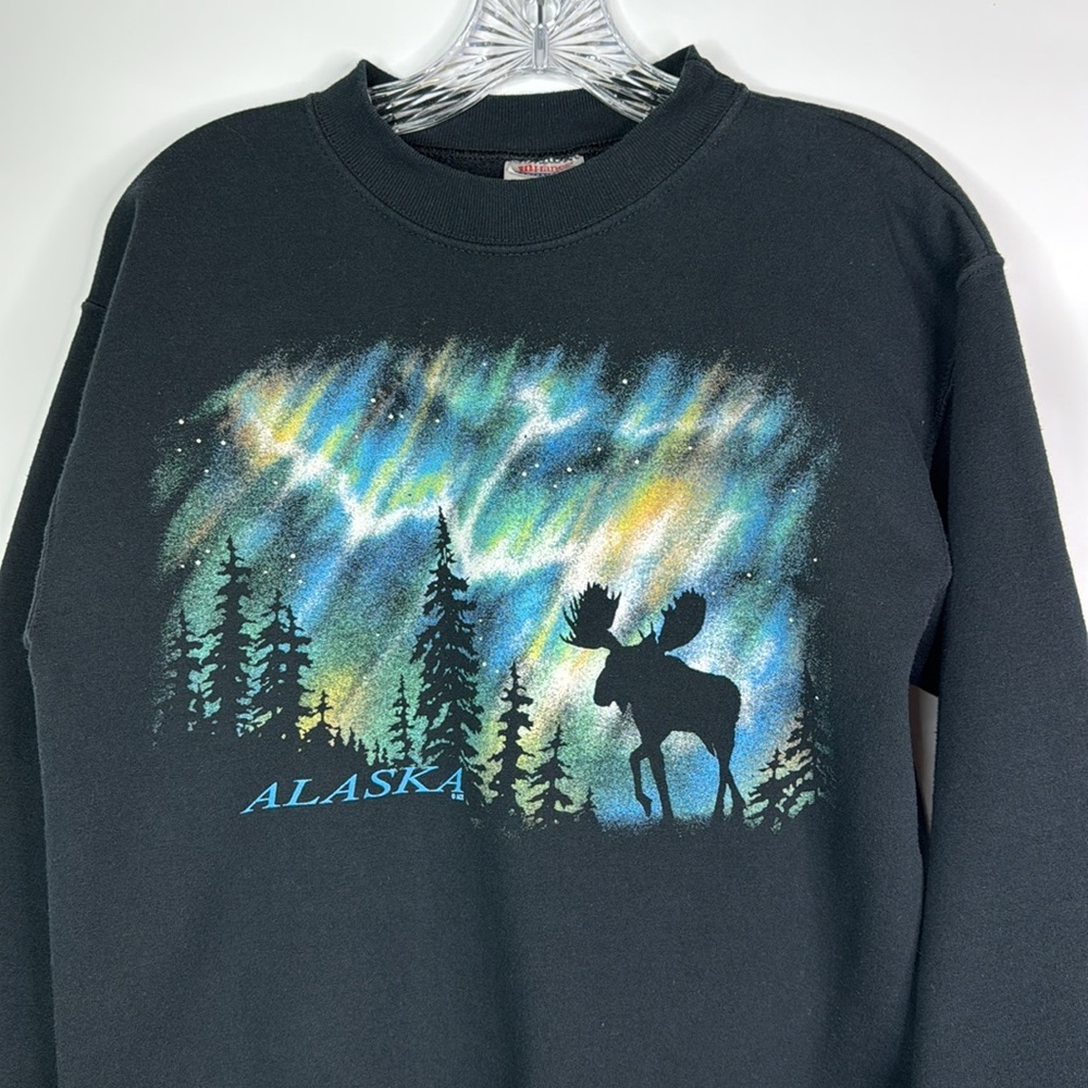 Vintage Hanes Black Alaska Moose Aurora Borealis Crew Sweatshirt Small - Picture 2 of 10